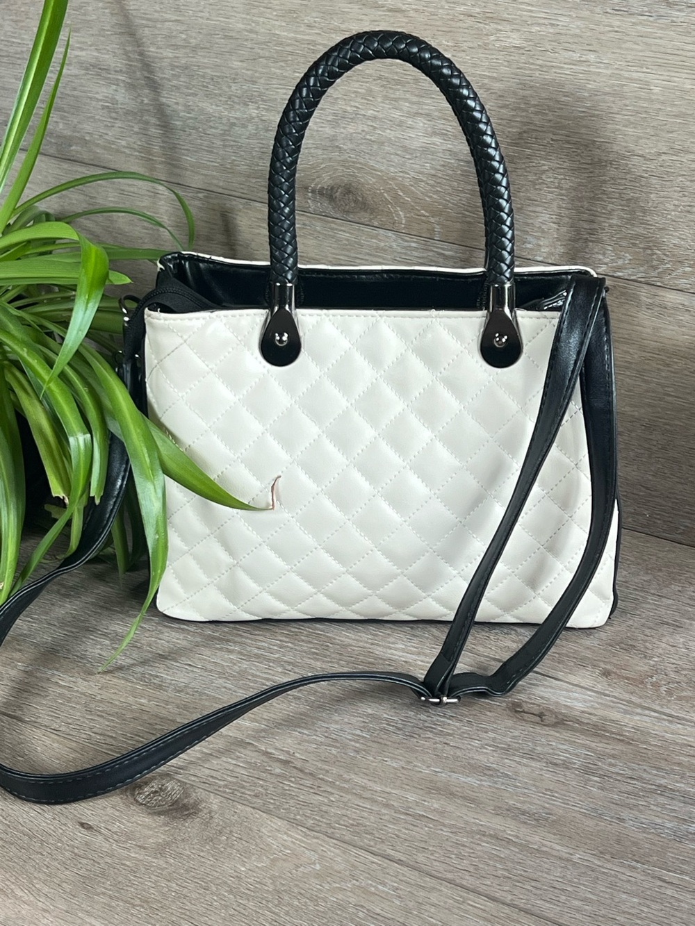 Quilted Two-Tone Satchel Handbag — White and Black